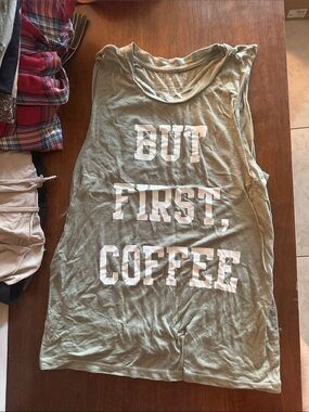Women’s Olive Green Graphic Muscle Tank - 'But First, Coffee'